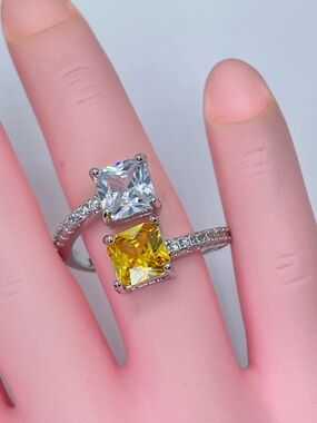Canary Yellow Diamond White CZ Open Ring Silver Adjustable Statement Sz 8